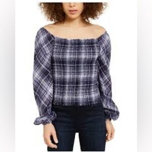 INC Blue Shimmering‎ Plaid Long Sleeve Square Neck Puff Sleeve Blouse Top Small